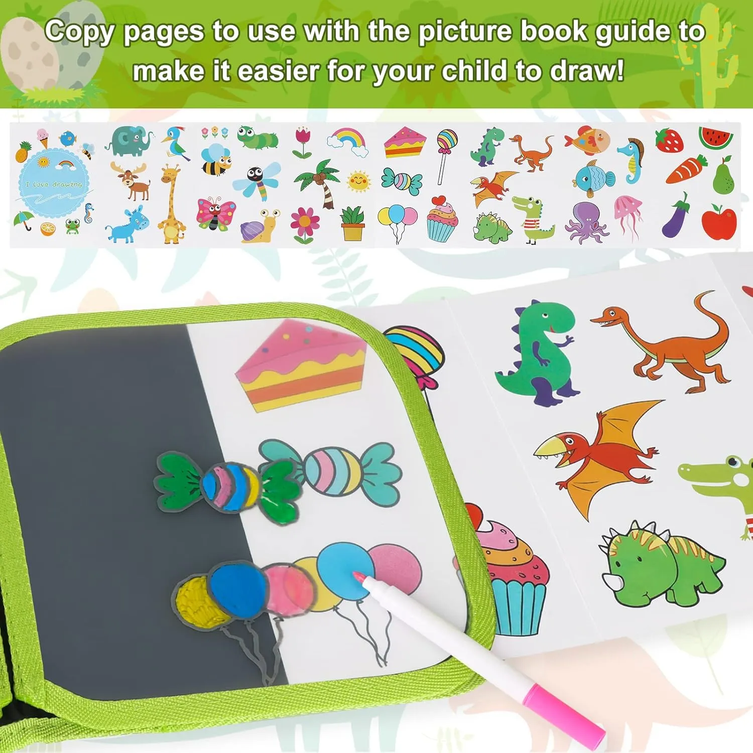 Erasable Doodle Set for Kids - Reusable Magic Drawing Book with 12 Watercolor Pens 14 Page Drawing, Road Trip Car Game Writing Painting Set for Boys and Girls (Green)