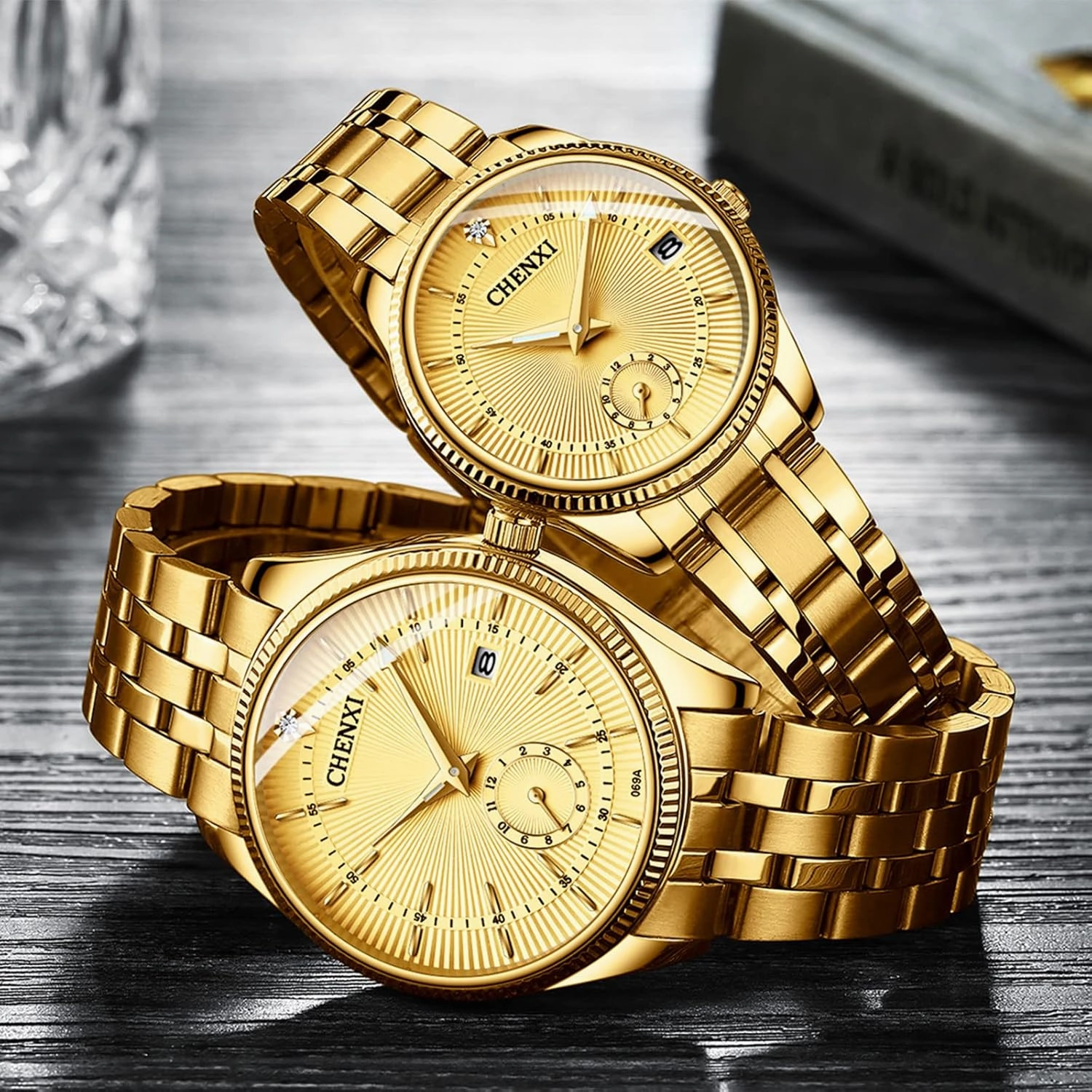 FANMIS Men's Luxury Analog Quartz Gold Wrist Watches Business Stainless Steel Band Dress Wrist Watch Classic Calendar Date Window 3ATM Water Resistant