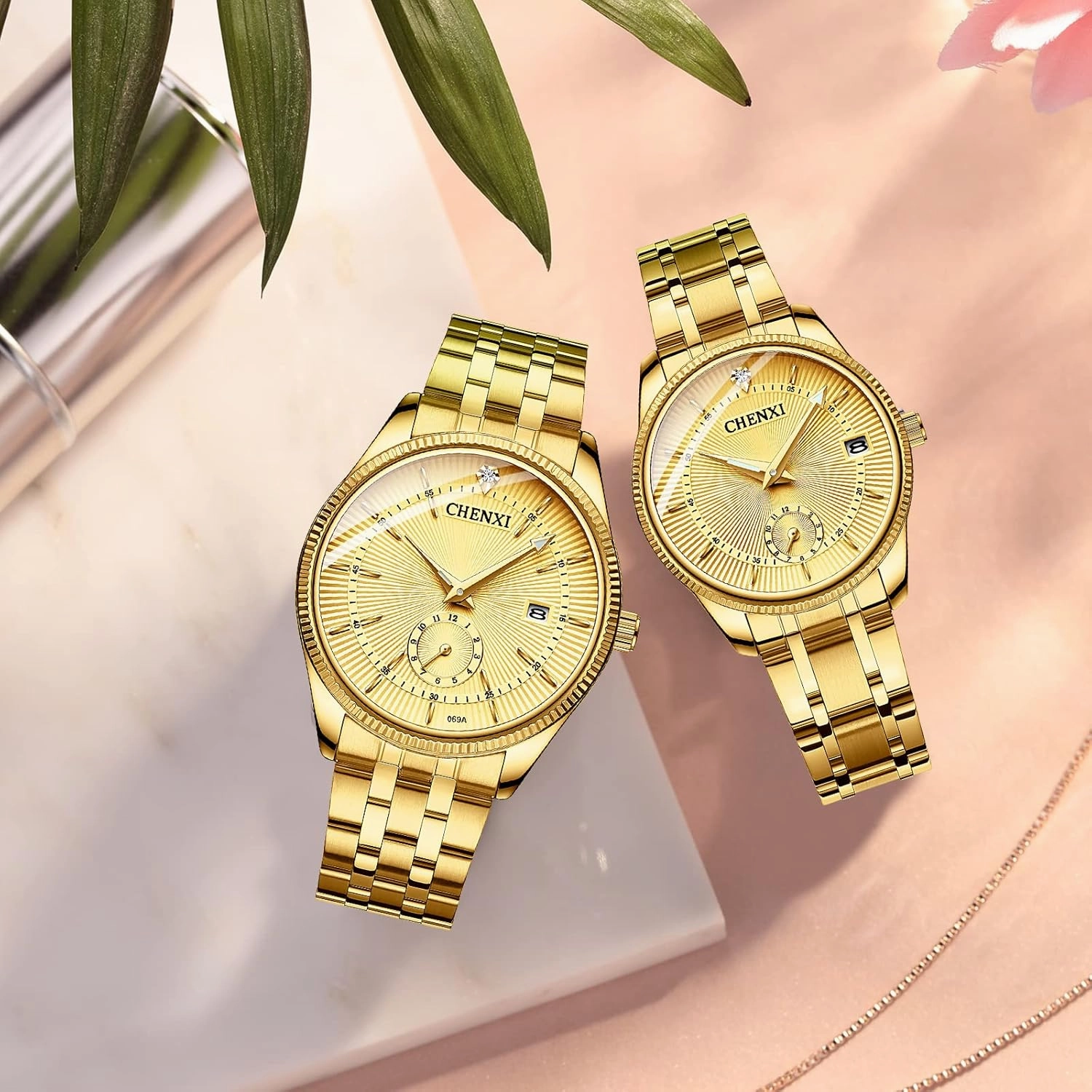 FANMIS Men's Luxury Analog Quartz Gold Wrist Watches Business Stainless Steel Band Dress Wrist Watch Classic Calendar Date Window 3ATM Water Resistant