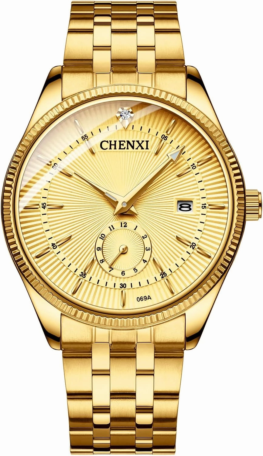 FANMIS Men's Luxury Analog Quartz Gold Wrist Watches Business Stainless Steel Band Dress Wrist Watch Classic Calendar Date Window 3ATM Water Resistant