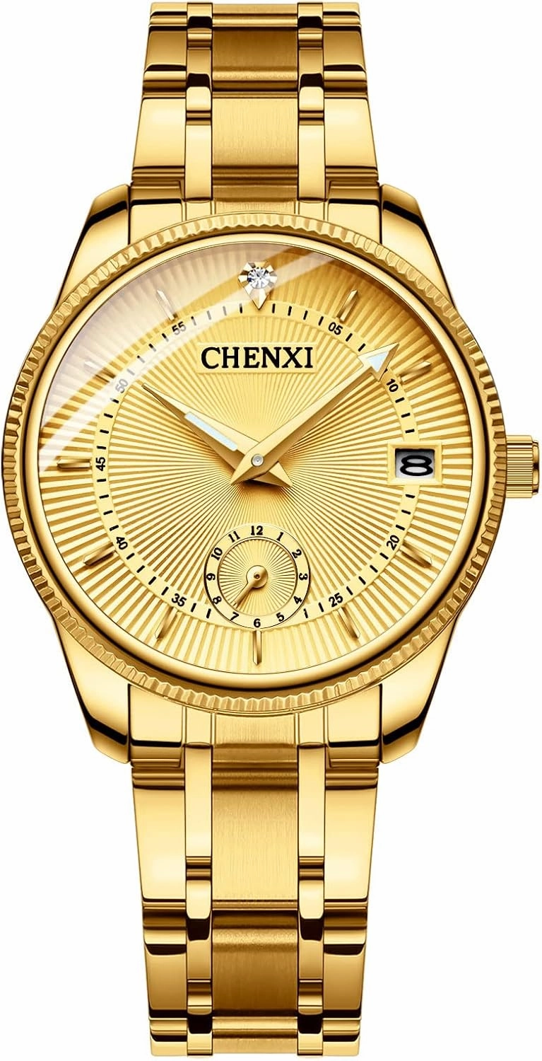 FANMIS Men's Luxury Analog Quartz Gold Wrist Watches Business Stainless Steel Band Dress Wrist Watch Classic Calendar Date Window 3ATM Water Resistant