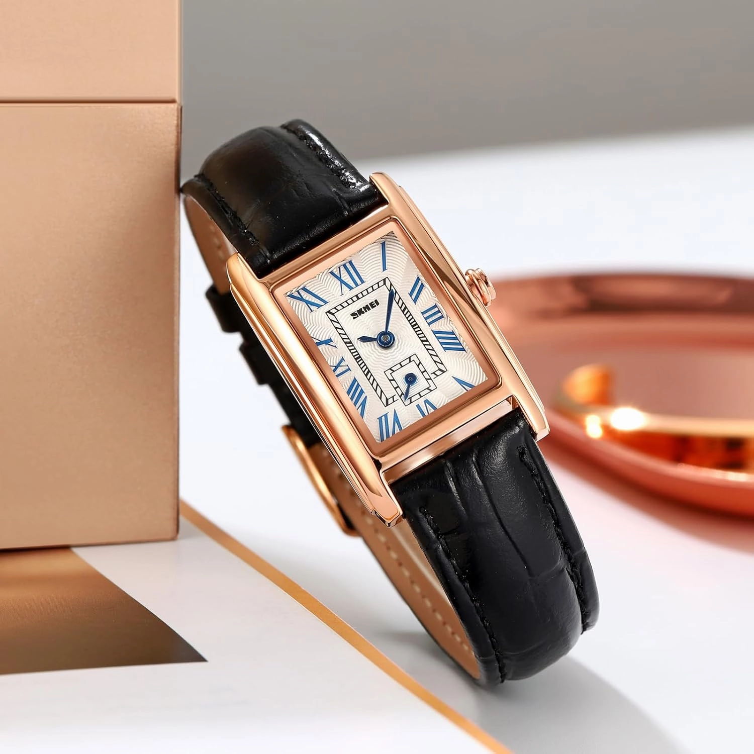 FANMIS Vintage Women's Rectangle Wrist Watch Classic Ladies Analog Quartz Watch Ultra-Thin Ladies Bangle Bracelet Watch Female Business Dress Watch with Leather Strap
