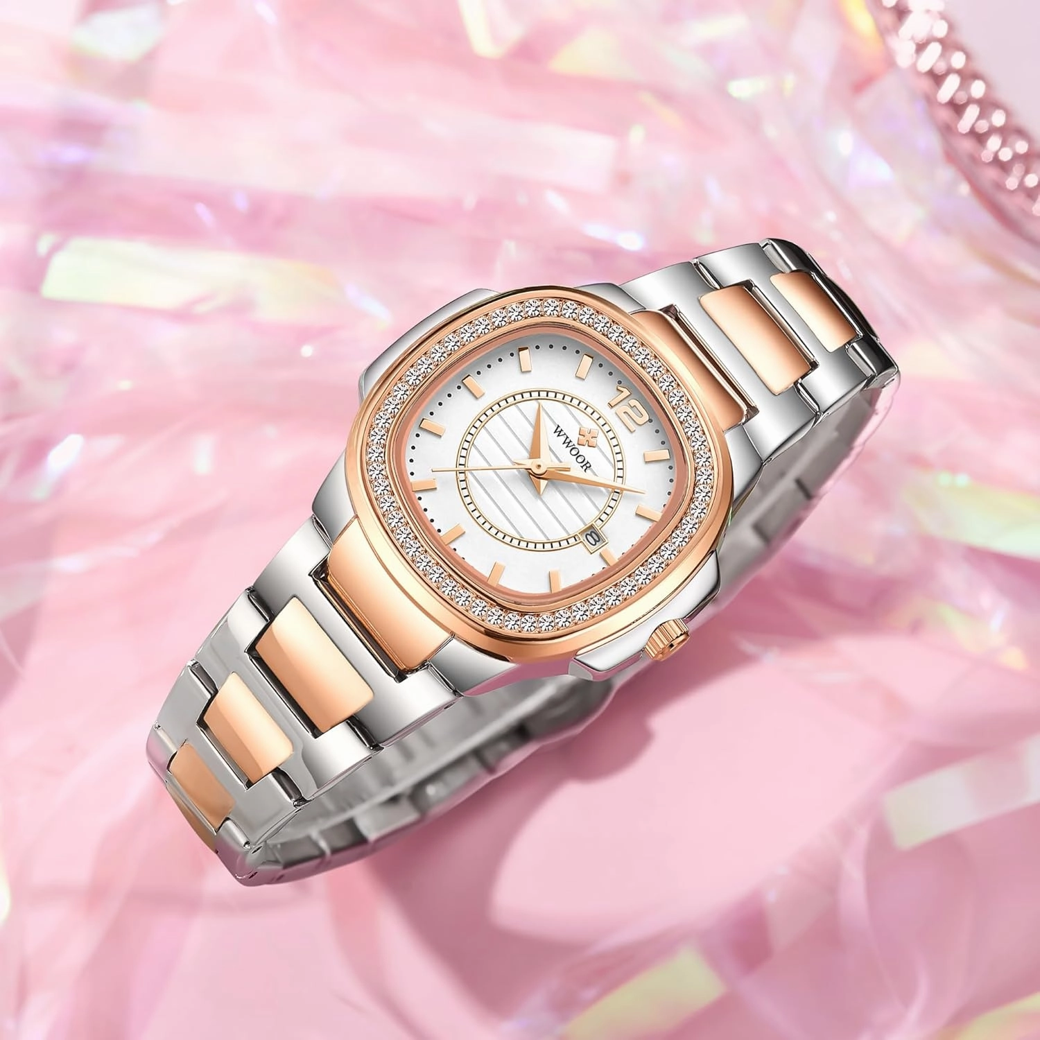 FANMIS Women Classic Crystal Diamond Watches Luxury Business Dress Bracelet Watches Stainless Steel Analog Waterproof Casual Lady Wrist Watches Fashion Simple Women Watch