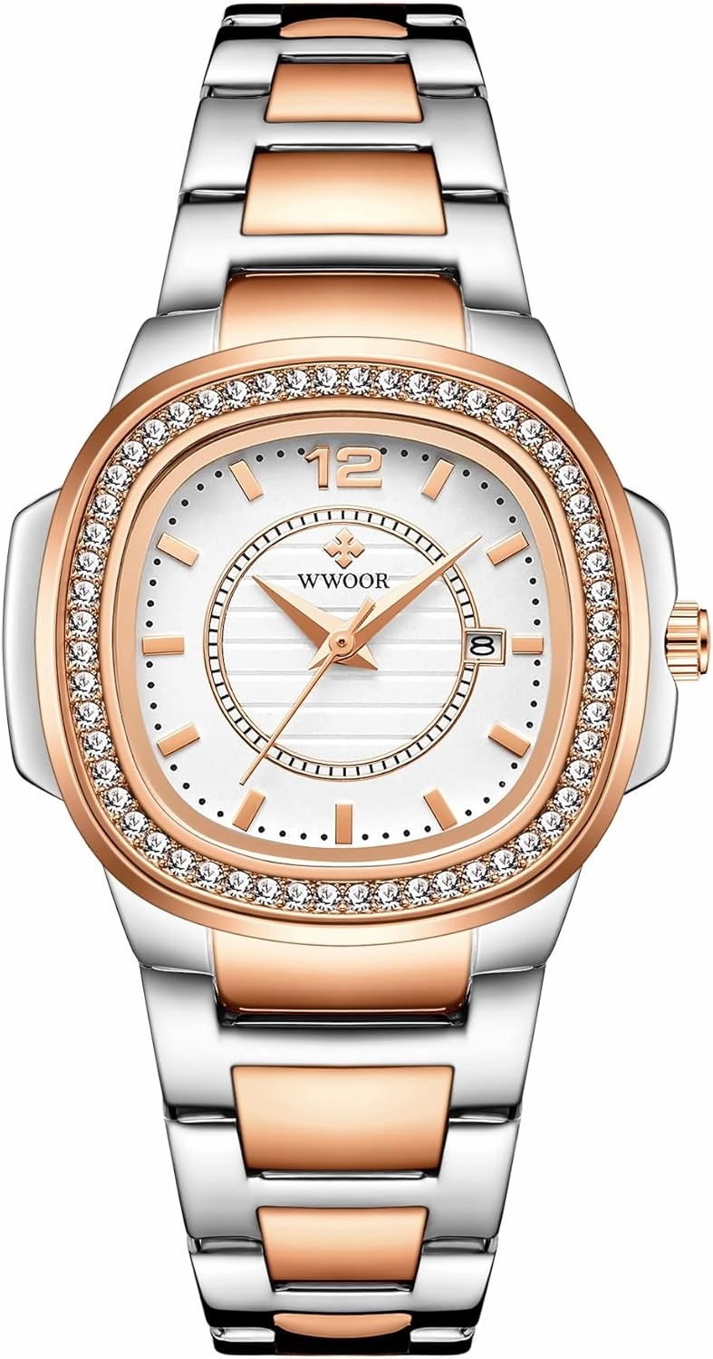 FANMIS Women Classic Crystal Diamond Watches Luxury Business Dress Bracelet Watches Stainless Steel Analog Waterproof Casual Lady Wrist Watches Fashion Simple Women Watch