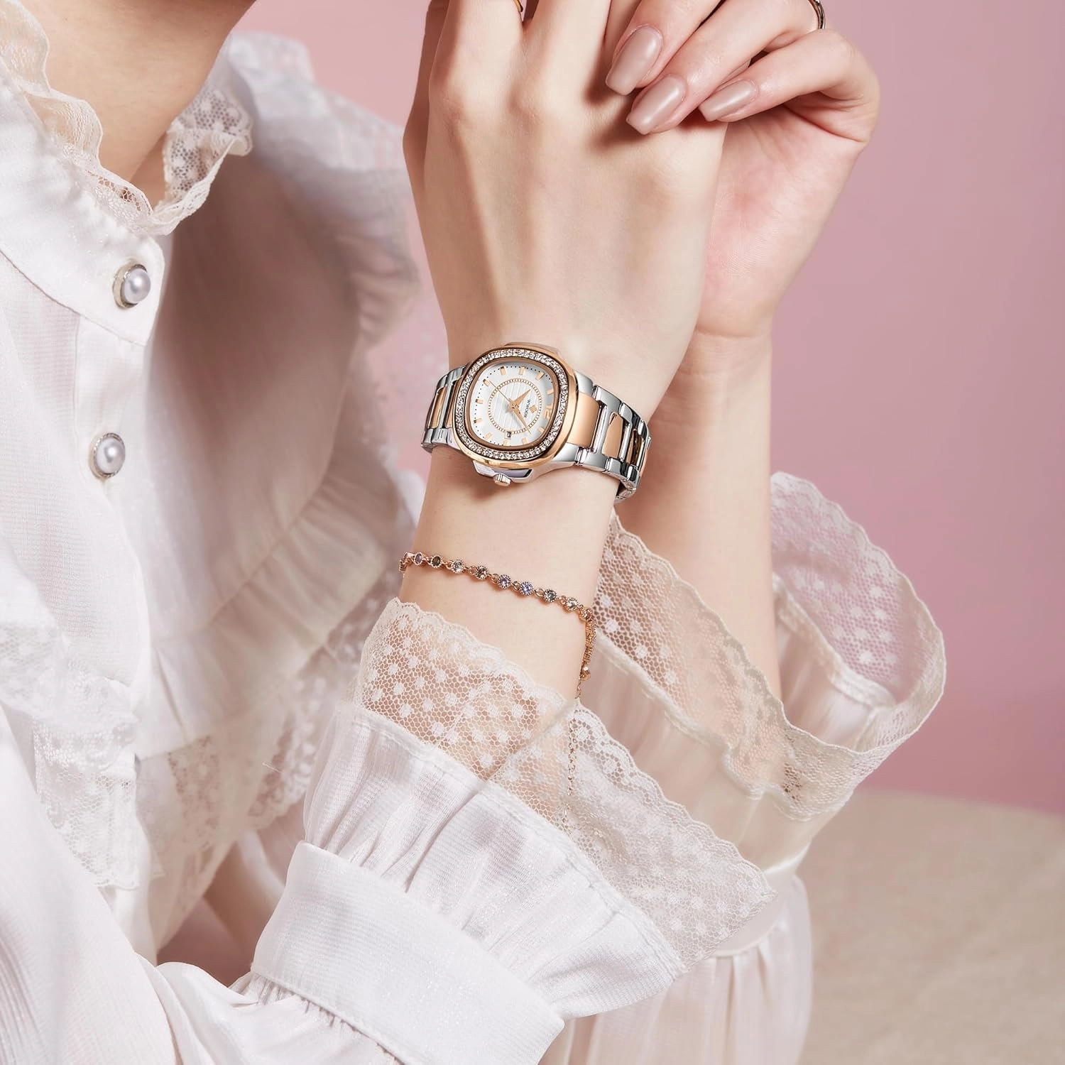 FANMIS Women Classic Crystal Diamond Watches Luxury Business Dress Bracelet Watches Stainless Steel Analog Waterproof Casual Lady Wrist Watches Fashion Simple Women Watch