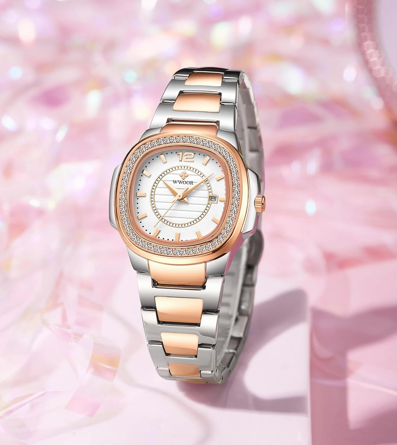 FANMIS Women Classic Crystal Diamond Watches Luxury Business Dress Bracelet Watches Stainless Steel Analog Waterproof Casual Lady Wrist Watches Fashion Simple Women Watch