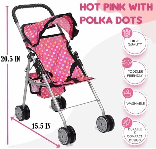 fash n kolor - My First Baby Doll Stroller - Pink Polka Dot Doll Stroller with Basket- Soft Grib Handle. Foldable with Hood Toy Doll Pram Baby Doll Accessories. With 2 Free Bonus Doll Bottles Included