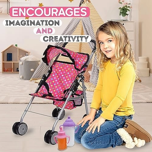 fash n kolor - My First Baby Doll Stroller - Pink Polka Dot Doll Stroller with Basket- Soft Grib Handle. Foldable with Hood Toy Doll Pram Baby Doll Accessories. With 2 Free Bonus Doll Bottles Included
