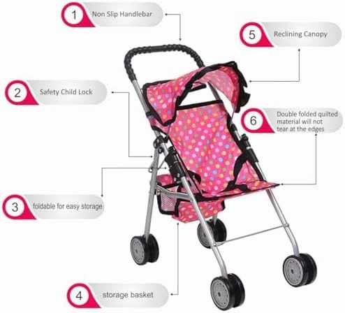 fash n kolor - My First Baby Doll Stroller - Pink Polka Dot Doll Stroller with Basket- Soft Grib Handle. Foldable with Hood Toy Doll Pram Baby Doll Accessories. With 2 Free Bonus Doll Bottles Included