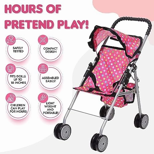 fash n kolor - My First Baby Doll Stroller - Pink Polka Dot Doll Stroller with Basket- Soft Grib Handle. Foldable with Hood Toy Doll Pram Baby Doll Accessories. With 2 Free Bonus Doll Bottles Included