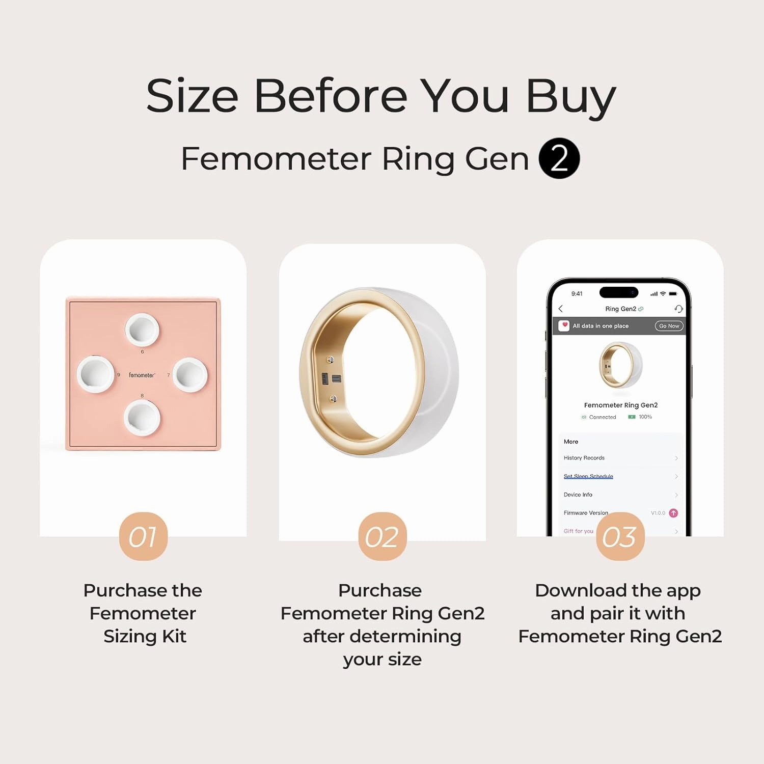femometer Smart Ring Gen2 - Sleep, Heart Rate & Cycle Monitoring - Free Subscription - Women's Health & Fertility Tracker with BBT Technology - Size Before You Buy - Up to 7 Days Battery Life - Size 8