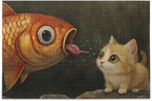 Fish Cat Funny Jigsaw Puzzle 500 Piece, Educational Intellectual Decompression Puzzle Game Jigsaw Puzzle for Adult Active Thinking Party Entertainment, Family Games
