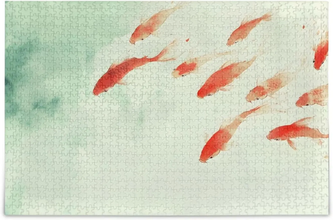 Fish Watercolor Red Jigsaw Puzzle 1000 Piece, Educational Intellectual Decompression Puzzle Game Jigsaw Puzzle for Adult Active Thinking Party Entertainment, Family Games