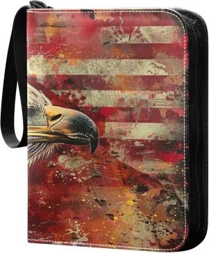 Flag Bald Bird Card Binder 4 Pocket Collectible Trading Card Albums with 50 Sleeves Double Side PU Waterproof 3 Ring for Sports & Game Cards