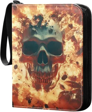 Flaming Guitar Skull Rock Card Binder 4 Pocket Trading Card Album Fits 400 Sports/Game Cards, PU Cover 3 Ring Card Collection with 50 Removable Sleeves