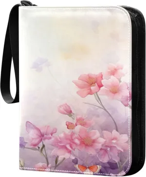 Flowers and Butterflies Card Binder 4 Pocket Collectible Trading Card Albums with 50 Sleeves Double Side PU Waterproof 3 Ring for Sports & Game Cards