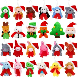 Fovths 24 Pieces 2.36 Inches Mini Christmas Stuffed Animals Soft Plush Toys Bulk Set Hanging Christmas Tree Decoration Keychain Doll Set for Xmas Party Supplies