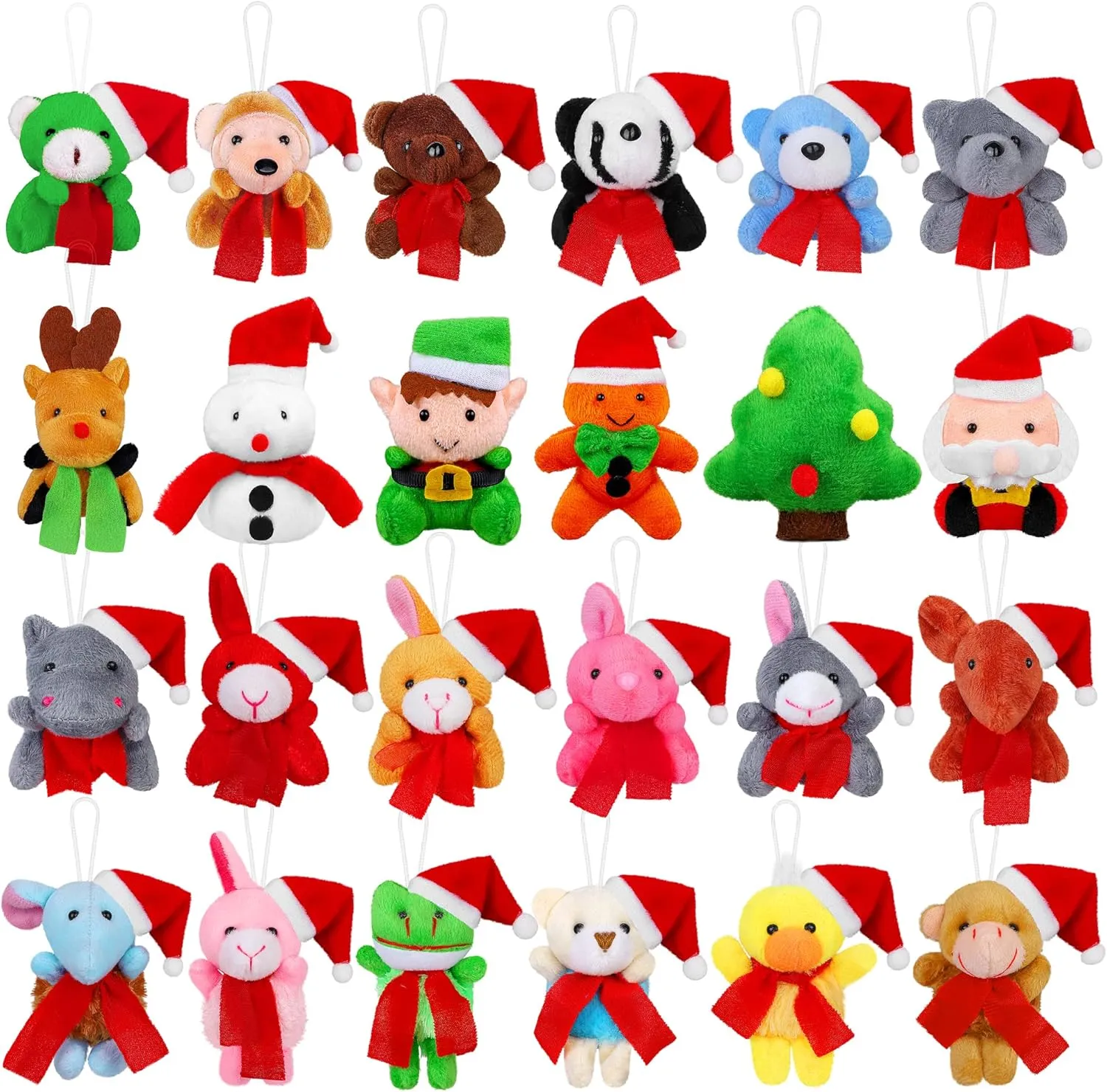 Fovths 24 Pieces 2.36 Inches Mini Christmas Stuffed Animals Soft Plush Toys Bulk Set Hanging Christmas Tree Decoration Keychain Doll Set for Xmas Party Supplies