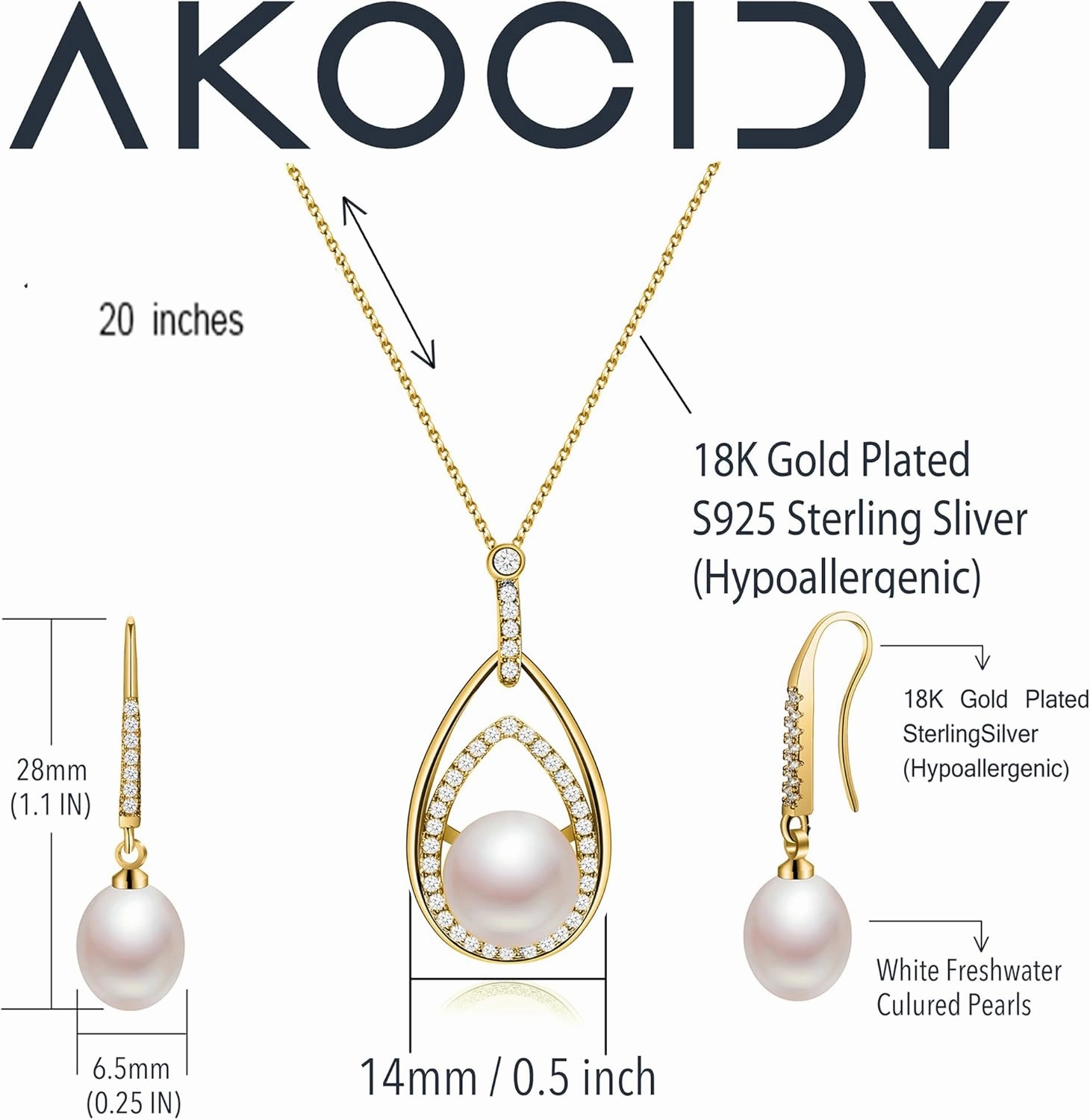 Freshwater Cultured Pearl Pendant Necklace & Drop Earrings Set - 925 Sterling Silver Bridal Jewelry Gift