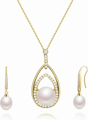 Freshwater Cultured Pearl Pendant Necklace & Drop Earrings Set - 925 Sterling Silver Bridal Jewelry Gift