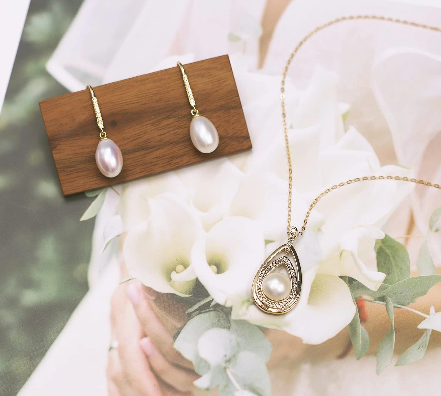 Freshwater Cultured Pearl Pendant Necklace & Drop Earrings Set - 925 Sterling Silver Bridal Jewelry Gift