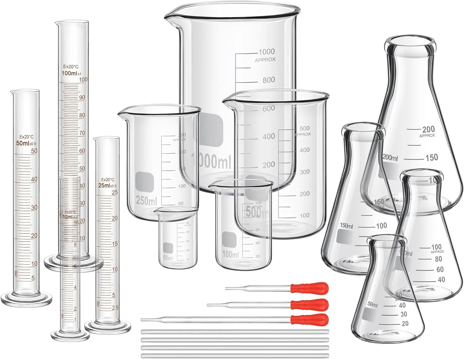 Frienda 50/100/250/500/1000ml Lab Glassware Include Graduated Cylinder, Glass Beaker Set, Glass Dropper, Stirring Rod, Measuring Cups for Laboratory Science Chemistry Supplies (20 Pcs)