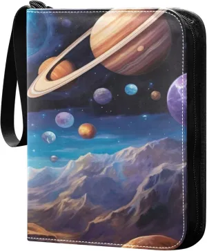 Galaxy Planets Card Binder 4 Pocket Collectible Trading Card Albums with 50 Sleeves Double Side PU Waterproof 3 Ring for Sports & Game Cards