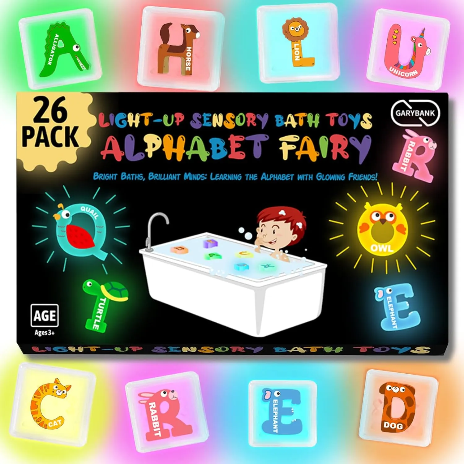 Garybank Alphabet Fairy Light Up Bath Cubes Toys for Kids, 26 Pack Bath Toys for Kids Ages 3-5 Toddler, Bathtub Letters Learning Glow Cube, Animal Recognition, Sensory Light Toy for Baby