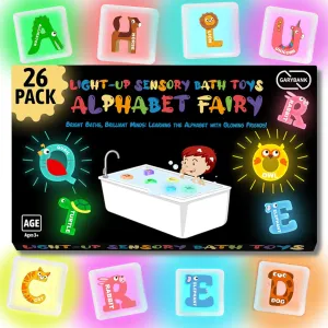 Garybank Alphabet Fairy Light Up Bath Cubes Toys for Kids, 26 Pack Bath Toys for Kids Ages 3-5 Toddler, Bathtub Letters Learning Glow Cube, Animal Recognition, Sensory Light Toy for Baby