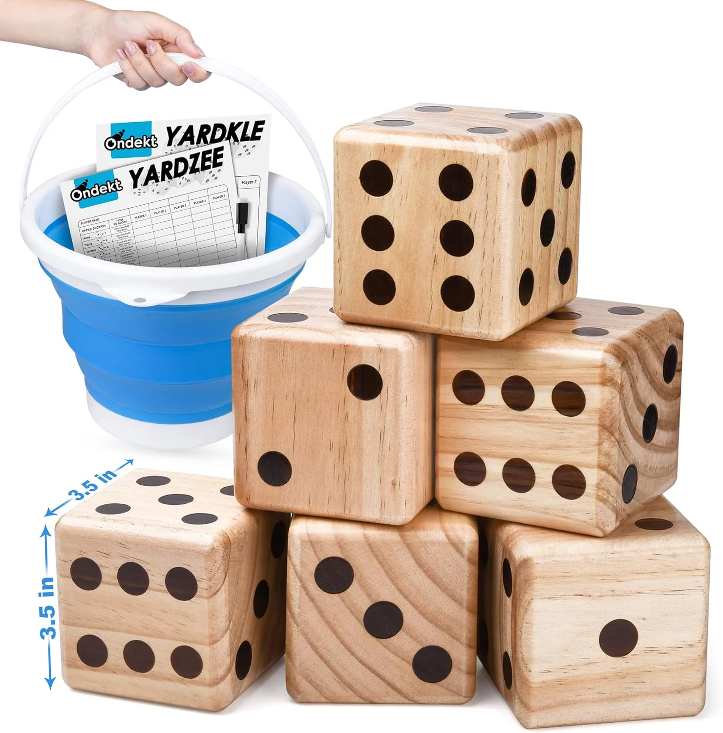 Giant Wooden Yard Dice – Splinter-Free and Crack-Proof Wood – Jumbo Size with Collapsible Bucket - 2 Dry Erase Score Cards - Indoor/Outdoor - Play Many Games – Fun and Engaging Game Time – Ideal Gift