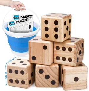 Giant Wooden Yard Dice – Splinter-Free and Crack-Proof Wood – Jumbo Size with Collapsible Bucket - 2 Dry Erase Score Cards - Indoor/Outdoor - Play Many Games – Fun and Engaging Game Time – Ideal Gift