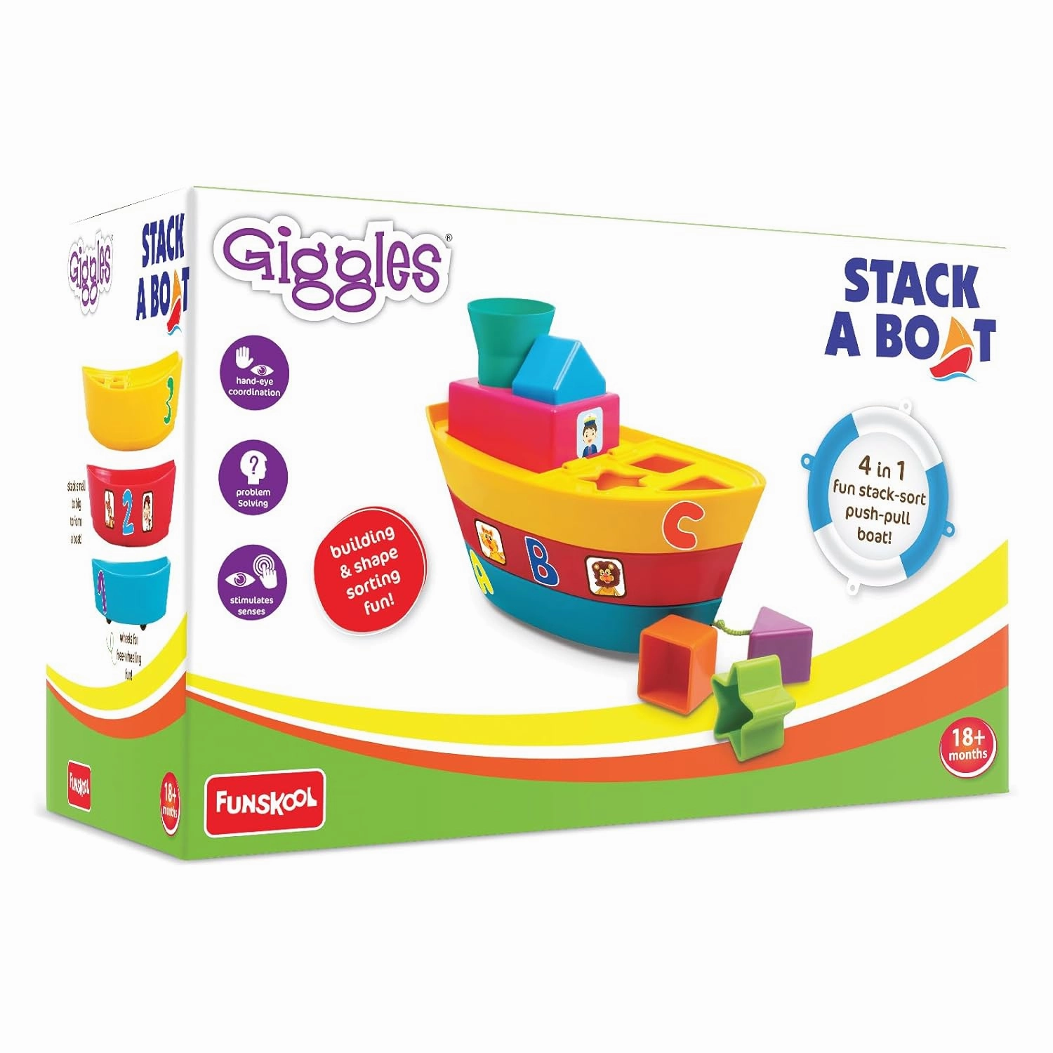 Giggles Funskool - Stack A Boat, 2 In 1 Pull Along Toy, Walking, Shape Sorting, Pretend Play, Multicolour