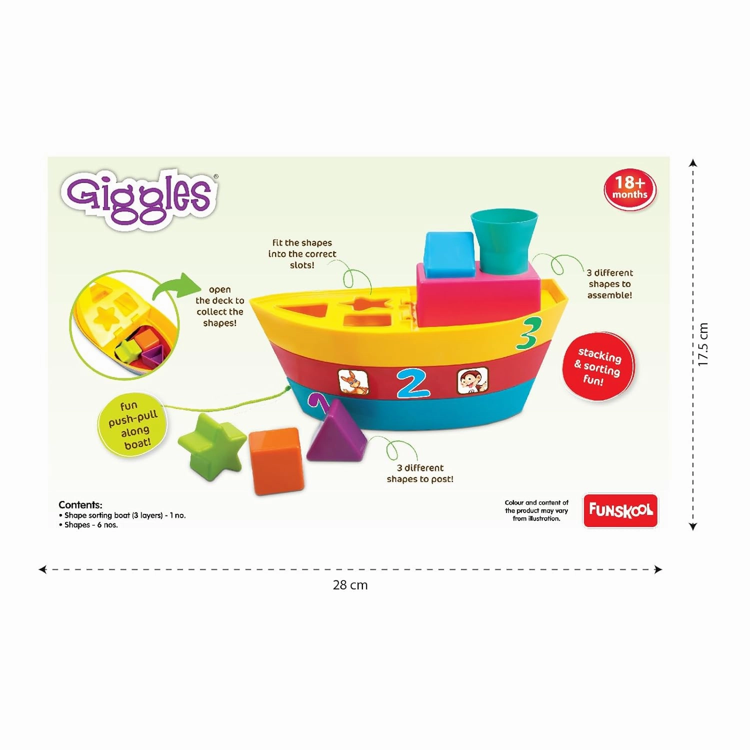Giggles Funskool - Stack A Boat, 2 In 1 Pull Along Toy, Walking, Shape Sorting, Pretend Play, Multicolour