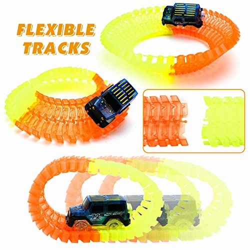 Glow Race Tracks Toy with 2 LED Light Race Cars and 18 ft 360Pcs Bendable Race Track Set Toys for Boy Age 3-12 Years Old