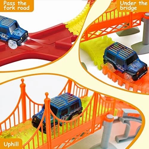 Glow Race Tracks Toy with 2 LED Light Race Cars and 18 ft 360Pcs Bendable Race Track Set Toys for Boy Age 3-12 Years Old