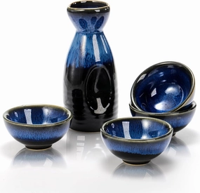 Goaste 5 Pieces Ceramic Sake Set, Kiln-Change Japanese Style Sake Cups, Traditional Pottery Sake Tumbler Set with 1 Carafe and 4 Cups in Dark Blue for Hot or Iced Sake, Dishwasher Safe
