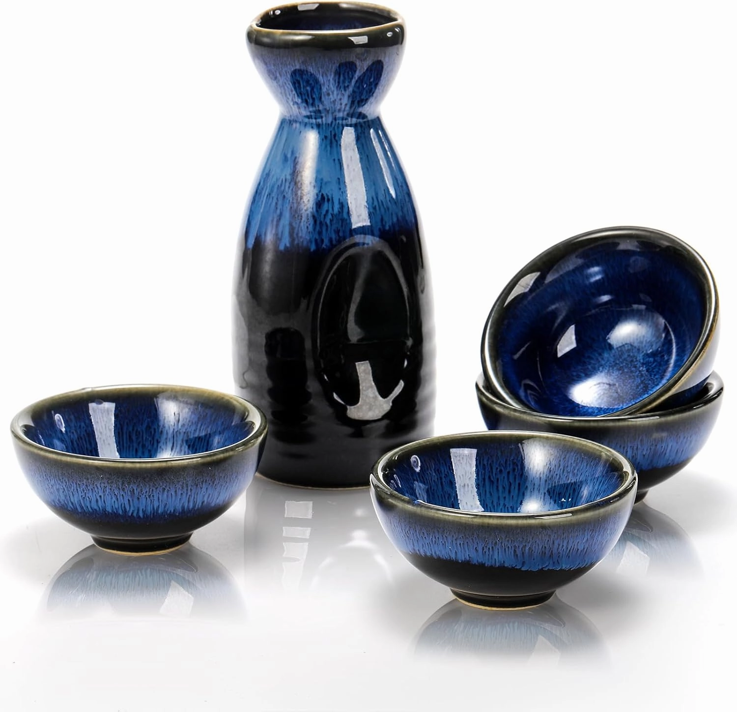Goaste 5 Pieces Ceramic Sake Set, Kiln-Change Japanese Style Sake Cups, Traditional Pottery Sake Tumbler Set with 1 Carafe and 4 Cups in Dark Blue for Hot or Iced Sake, Dishwasher Safe