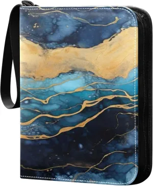 Gold Blue Marble Card Binder 4 Pocket Collectible Trading Card Albums with 50 Sleeves Double Side PU Waterproof 3 Ring for Sports & Game Cards