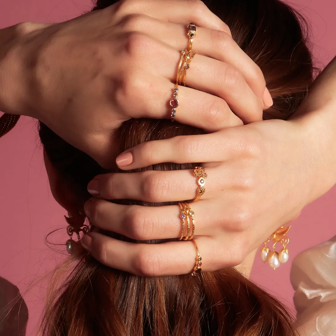 Gold vermeil circular multi-stone stacking ring trio