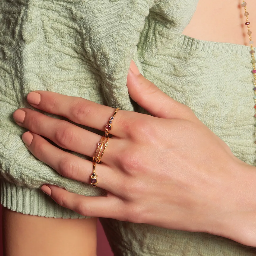 Gold vermeil circular multi-stone stacking ring trio