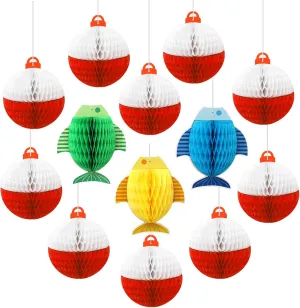 Gone Fishing Honeycomb Ball Decorations Set 10 Fishing Bobber Round Honeycomb 3 Fish Shaped Hanging Ceiling Honeycomb Paper Table Centerpiece for Fishing Theme Birthday Party Decor, 13Pcs