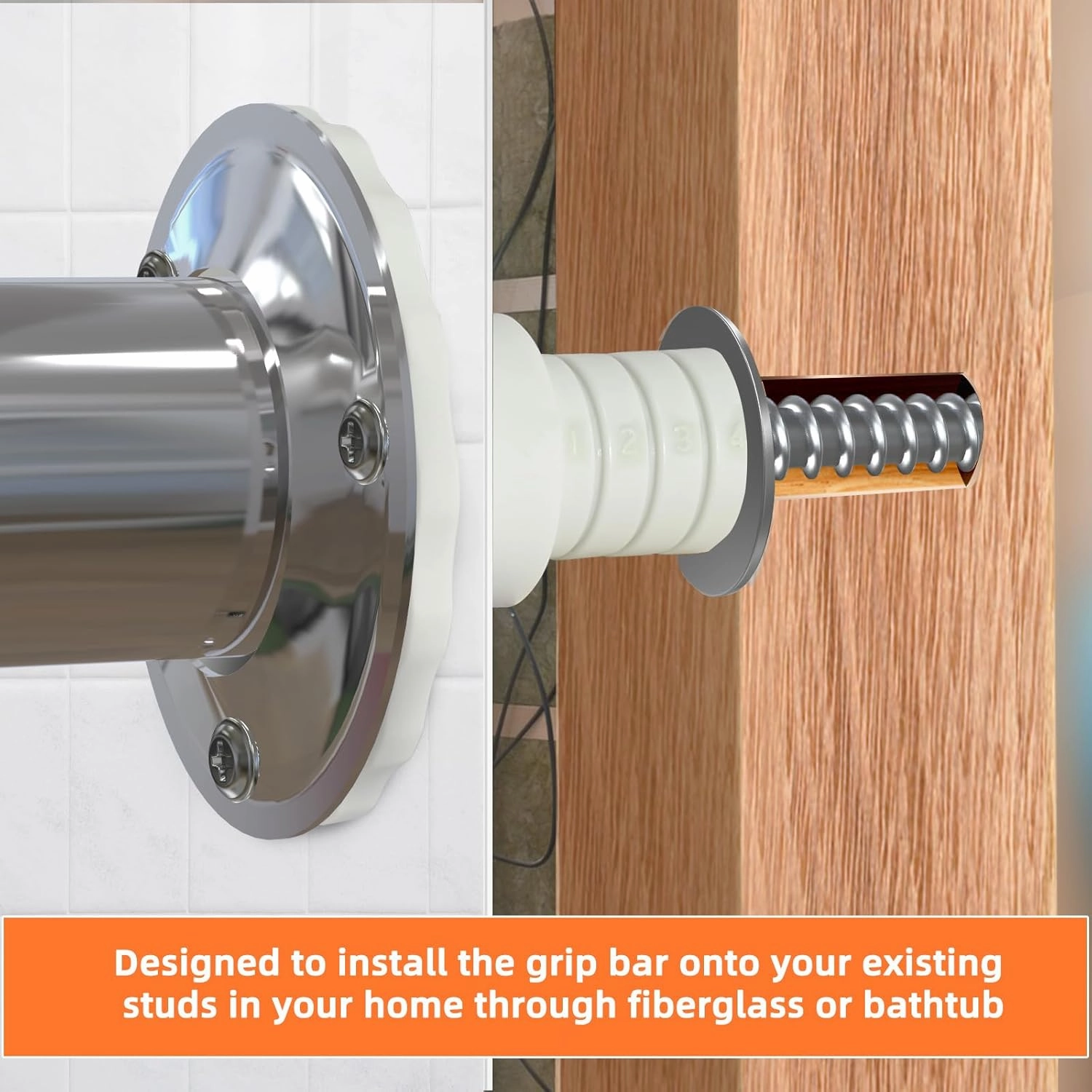 Grab Bar Anchors for Fiberglass Showers, Grab Bar Mounting Kit for Installing Grab Bars for Fiberglass Showers to Studs, 2 Pair