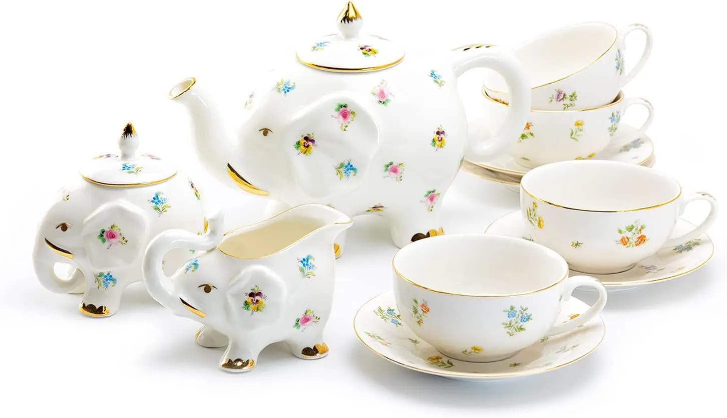 Grace Teaware Floral Elephant Fine Porcelain Tea Set 11 piece Set