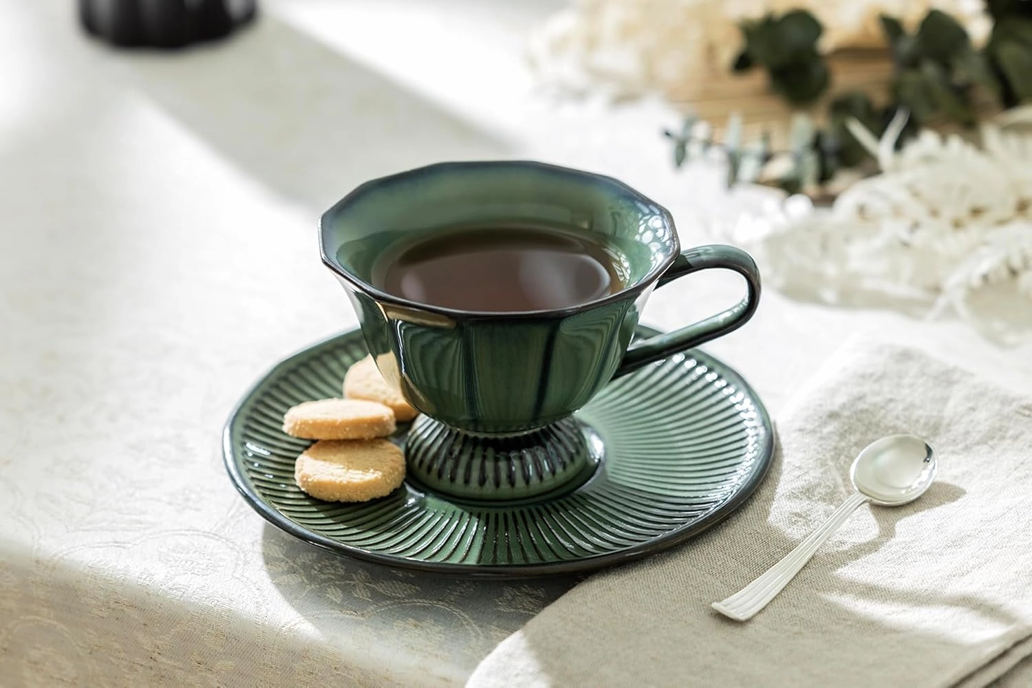 Grace Color Reactive Fine Porcelain Fluted Tea Cup and Saucer (Emerald Green)