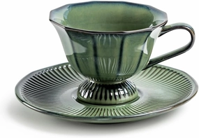 Grace Color Reactive Fine Porcelain Fluted Tea Cup and Saucer (Emerald Green)
