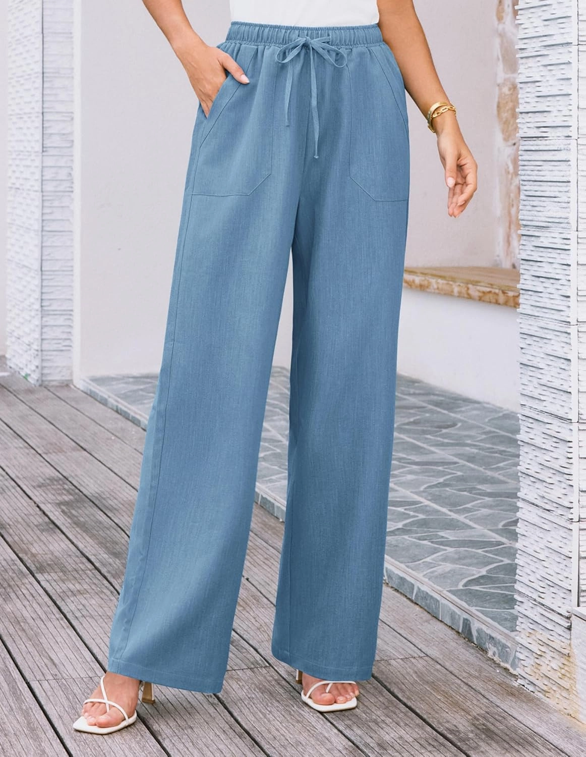 GRACE KARIN Women's Wide Leg Casual Pants Summer Lightweight Drawstring Elastic Waist Lounge Beach Palazzo with Pockets