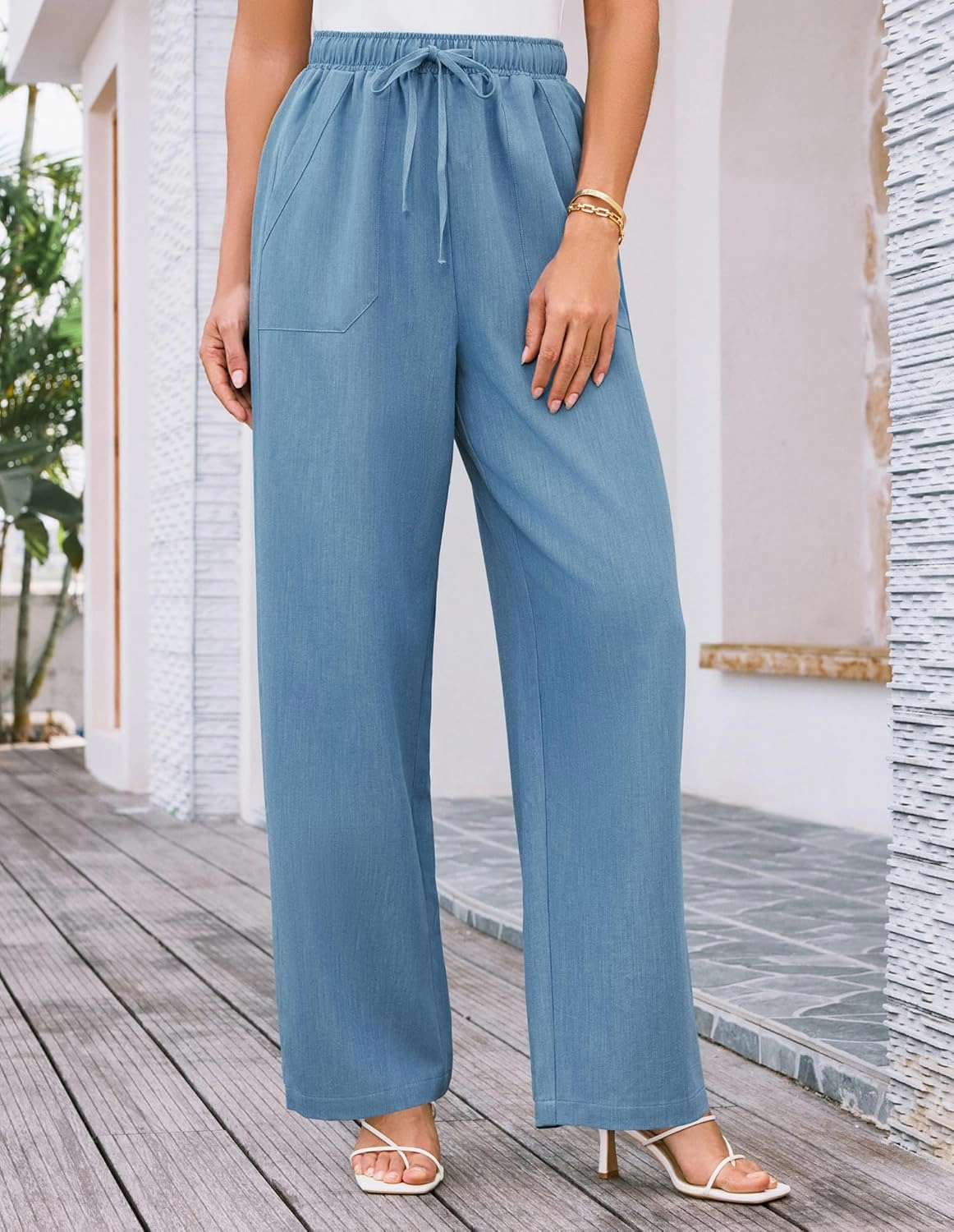 GRACE KARIN Women's Wide Leg Casual Pants Summer Lightweight Drawstring Elastic Waist Lounge Beach Palazzo with Pockets