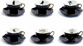 Grace Teaware 6 Assorted Halloween Tea Cup and Saucer Sets - Cat, Raven, Snake, Spider, Ouija Board, Witchy Crystal Ball