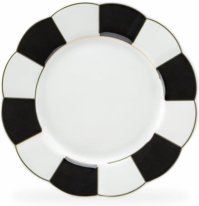 Grace Teaware Black and White Gold Scallop Shaped Fine Porcelain Plate Set of One (8-inch Dessert Plate)