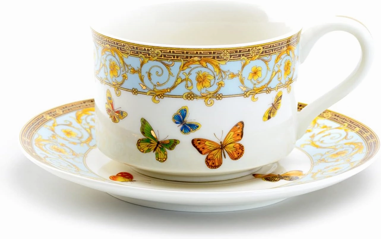 Grace Teaware Butterflies with Blue Ornament Fine Porcelain Cup and Saucer with Gold Trim
